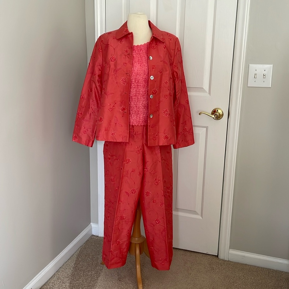 Elegant 100% Silk Dupioni 3 Piece Set Women Embroidered Pant Suit Size 12